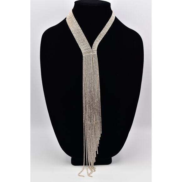 Serefina Crystal Fringe Y Drop Necklace Tassel Rhinestone Long Center Glam Bin2C - Picture 1 of 12
